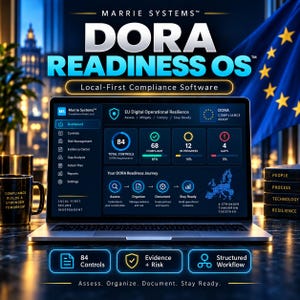 May include: A laptop displaying the Marrie Systems DORA Readiness OS dashboard, featuring compliance metrics, a progress map of Europe, and navigation menus. A black mug with text and a stack of books labelled People, Process, Technology, Resilience.