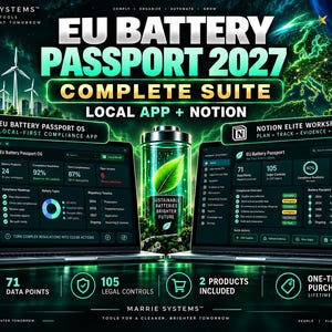 May include: A digital product suite titled EU Battery Passport 2027 featuring two laptop screens displaying compliance dashboards, a central battery icon with a green leaf, and text detailing 71 data points and 105 legal controls for business.