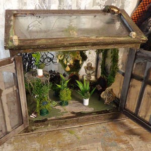 Op de afbeelding: Een miniatuur terrarium in een hergebruikt houten raamkozijn. De binnenkant bevat kleine planten, mos en decoratieve elementen, waaronder een buste en miniatuur schedels. Het verouderde houten frame heeft een verweerde, rustieke uitstraling.