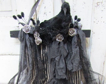 Black Raven Halloween decor decoration,  black bird perched on with dark and black fabrics ribbon and lace wall hanging anita spero design