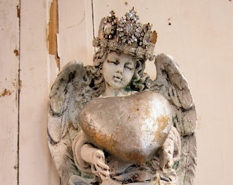 Angel wall sculpture with crown and heart wall hanging home decor, distressed painted cherub aged patina  anita spero design