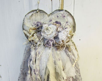 Heather lavender large heart with handmade aged look roses, torn and tattered lace and fabric embellished heart anita spero design