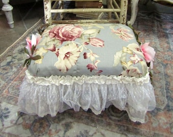 Shabby chic vintage footrest with floral cottage fabric, lace with wood legs, floral embellished accent stool home decor anita spero design
