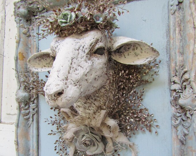 Framed Sheep Head Wall Decor in Blue, White and Cream, Distressed White Sheep With Garland