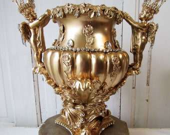 Large urn vase with crowned cherub handles, gorgeous one of a kind hand painted buffed gold embellished vessel by anita spero design