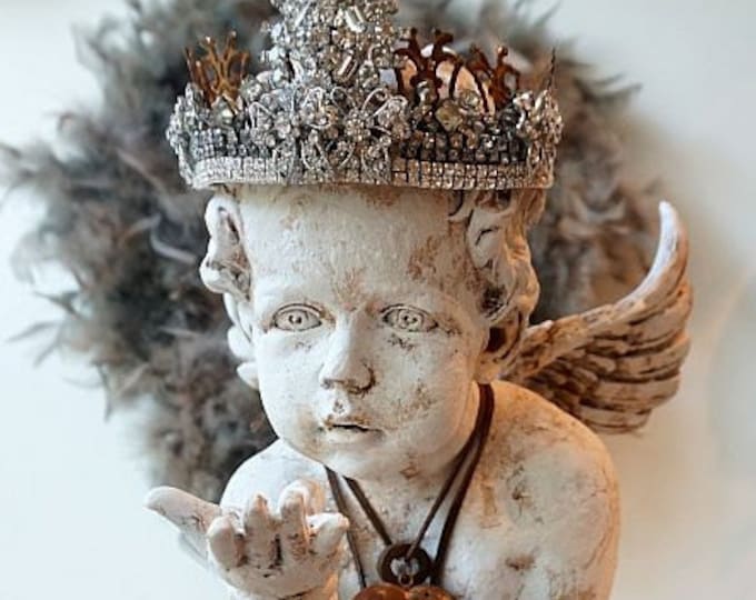 Ornate Cherub Statue Elegant Rhinestone Crown Shabby Cottage Chic