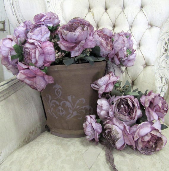 Plum Peony Arrangement in antique Canvas Bucket, wilted Shabby Chic flowers Decor anita spero design