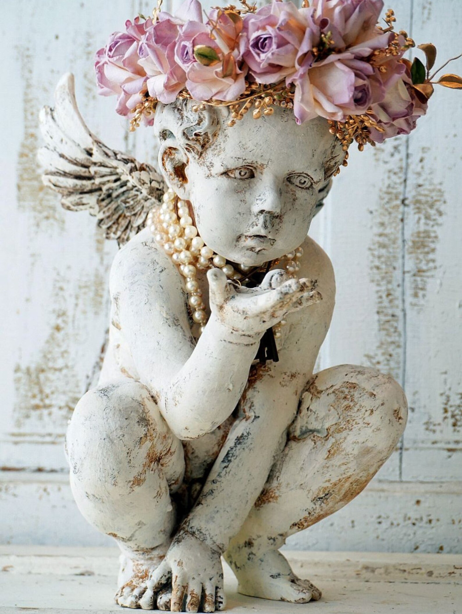 Distressed cherub statue w/ handmade ornate lavender pink rose Etsy