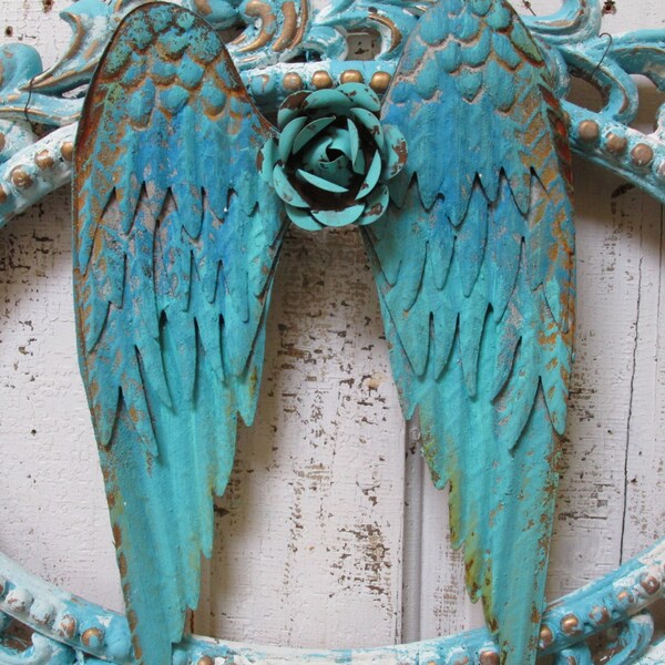 Metal painted Angel wings framed wall hanging rusted Caribbean blue aqua ornate embellished home decor anita spero