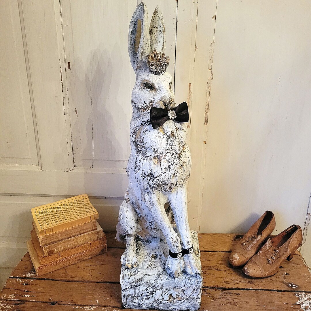 Large Hare Rabbit Statue Tall Distressed White With Gold - Etsy