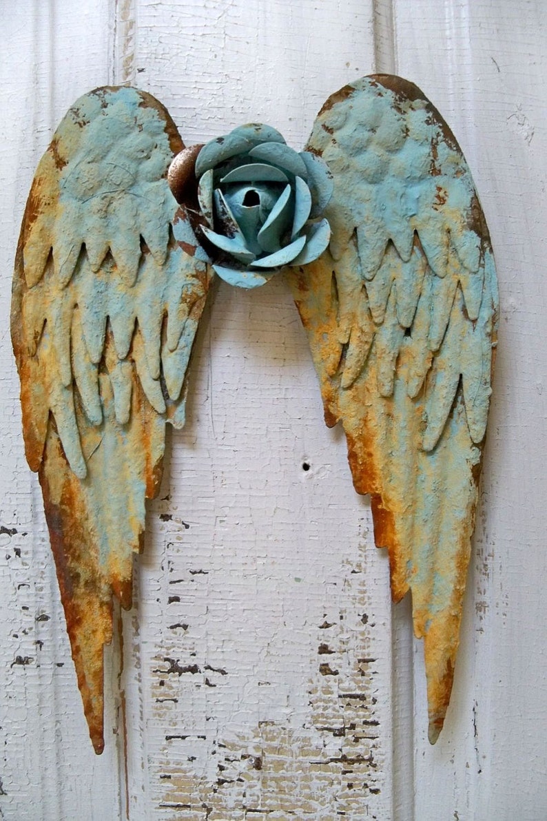 Metal angel wings wall sculpture shabby chic rusty blue Etsy