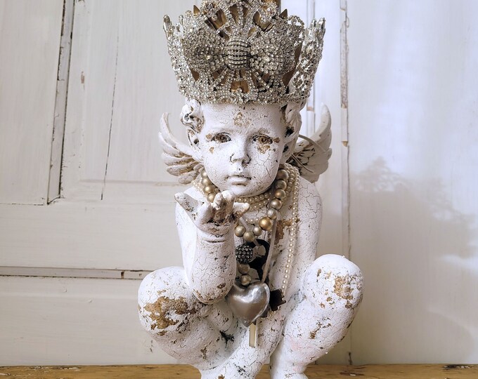 Distressed White Painted Cherub Statue With Large Rhinestone Etsy