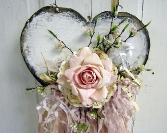 Pink rose embellished heart wall decor, handmade hand dyed roses and tattered fabric and lace bundle, anita spero design