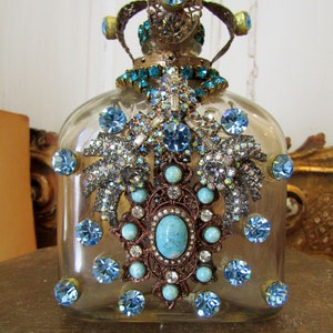 Stunning blue teal rhinestone altered bottle, turquoise and carefully picked rhinestone crystal glass collectible antique anita spero design