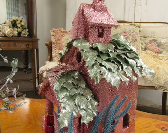 Pink glittered solid wood church, hand glittered and detailed church with opening to light the inside ooak shabby holiday anita spero design