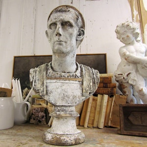 Huge antique male bust statue table statue, painted white with aged patina distressed plaster male home decor Anita Spero design