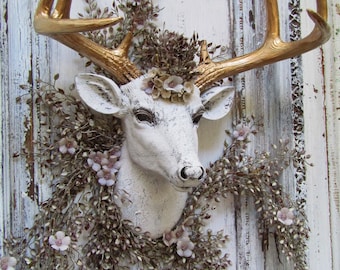 Framed wall mounted faux deer buck, crowned albino buck with gold antlers surrounded in fine garland French Nordic decor anita spero design