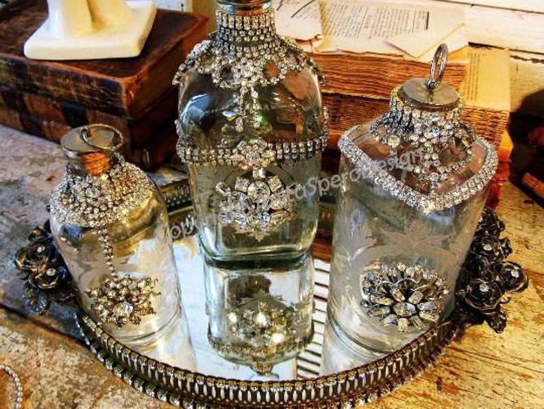 ornate mirrored tray rhinestone Ornate glass bottle | Etsy