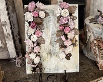 Mixed media floral wall art 2d dual cascading roses over distressed wooden canvas hand-dyed paper roses decor signed anita spero design