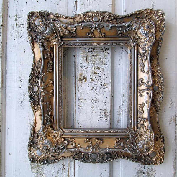 Antique ornate picture frame wood and gesso gold leaf gilded w/ pewter accent  French farmhouse heavy wall hanging decor anita spero design