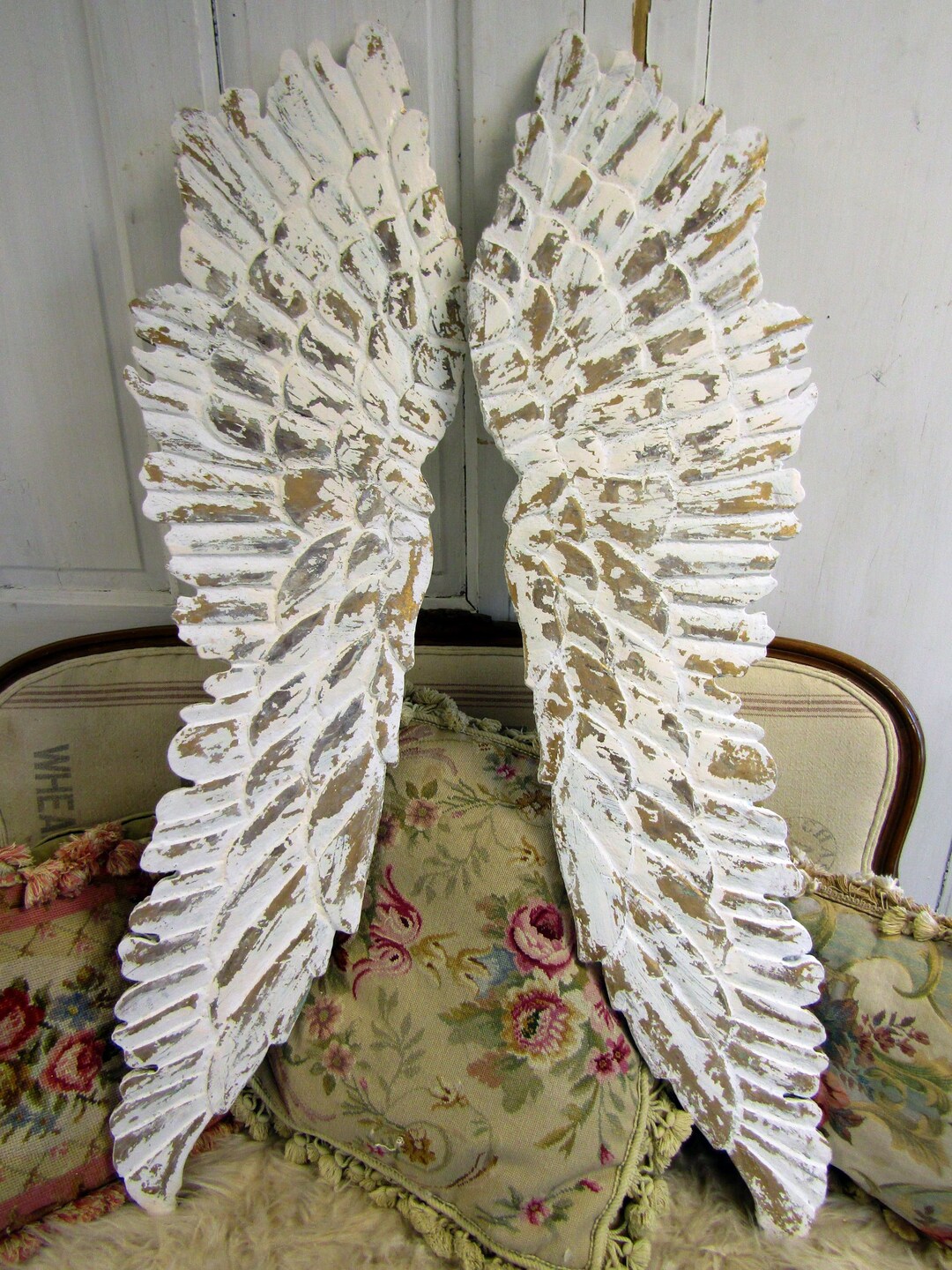 Large Carved Wood Angel Wings Wall Decor Distressed White Painted Wing