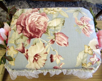 Fancy vintage footrest shabby cottage fabric, lace with wood legs, floral embellished accent stool home decor anita spero design