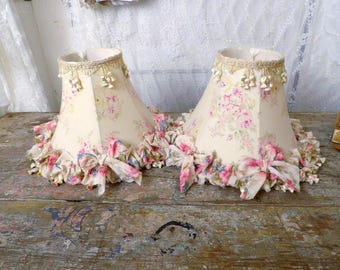 Shabby chic lamp shades set of 2 updated using hand torn vintage fabric cottagecore great for living room or bedroom anita spero design