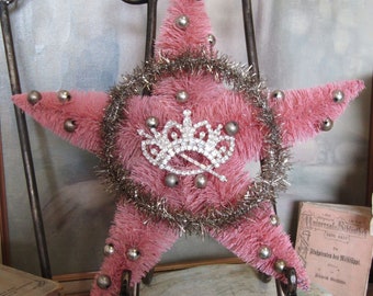 Large vintage pink bottle brush star original tinsel wreath w/ silver balls, shabby Christmas adorned rhinestone crown anita spero design