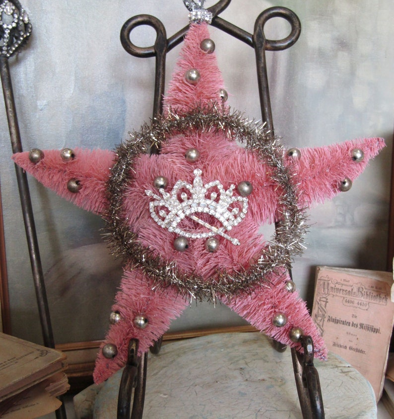 Large vintage pink bottle brush star original tinsel wreath w/ silver balls, shabby Christmas adorned rhinestone crown anita spero design image 1