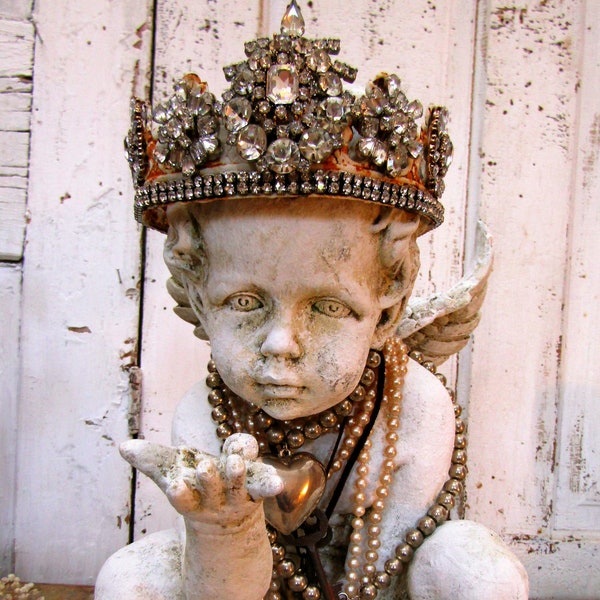 Cherub statue adorned handmade rhinestone jeweled crown, white distressed French Cherubim with one of a kind crown ,anita spero design