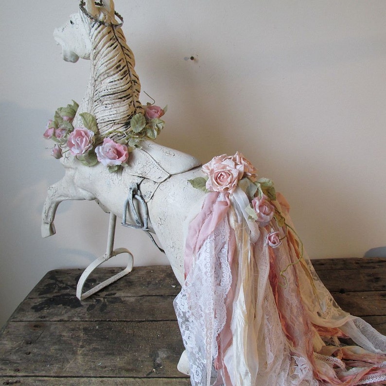 Large white horse statue shabby cottage chic wood sculpture pink tattered tail crown embellishments French antique decor anita spero design image 4