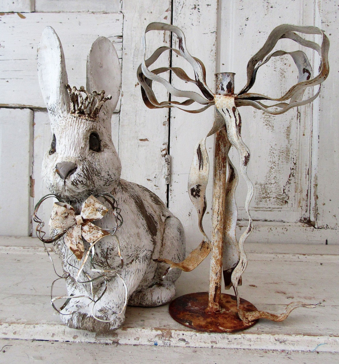 Large bunny statue and candle holder group white aged patina Etsy