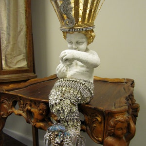 Large mermaid statue with rhinestone jeweled tail and seahorse crown, one of a kind crowned mermaid figure home decor art anita spero design image 9