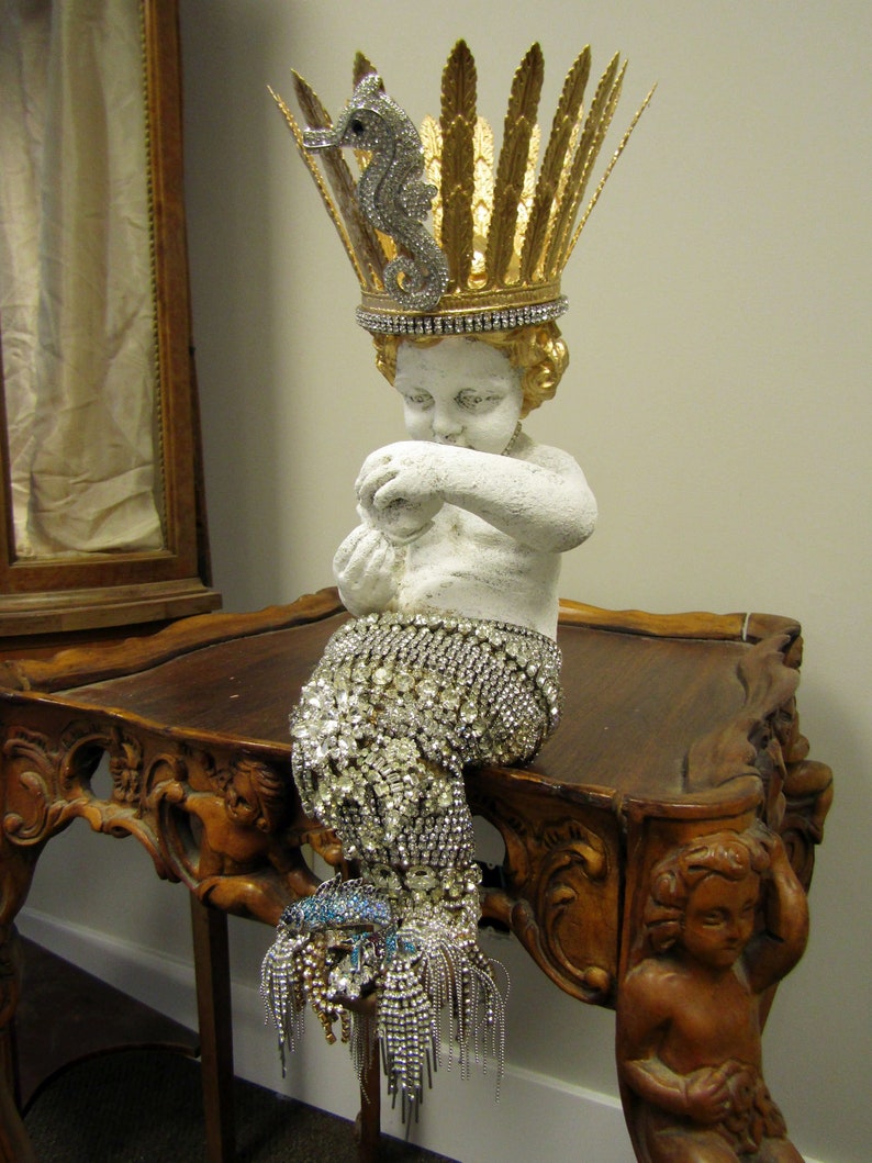 Large mermaid statue with rhinestone jeweled tail and seahorse crown, one of a kind crowned mermaid figure home decor art anita spero design image 9