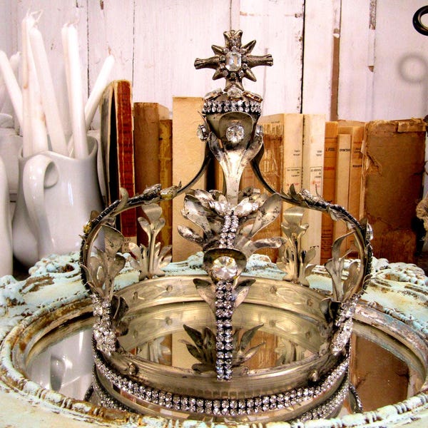 Distressed Silver metal Crown, slightly tarnished patina, Rhinestone Jeweled Religious Statue Decor