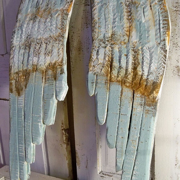 Large wood metal wings carved wall sculpture rusty white and French blue distressed accents home decor Anita Spero