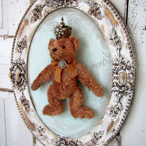 French inspired ornate framed teddy bear, embellished crowned bear in hand painted distressed frame shabby cottage anita spero design