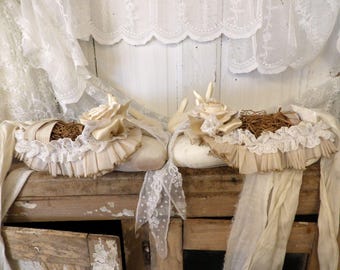Embellished antique white ballet pointe shoes, roses and crepe paper shabby chic anita spero design