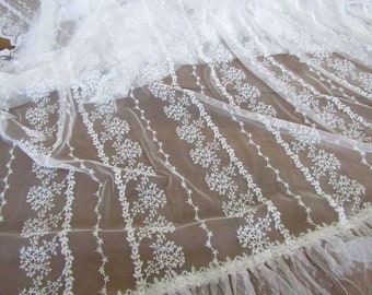 Gorgeous white lace tablecloth with ruffled ends, versatile French cottage embroidered lace runner bed scarf anita spero design