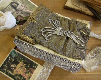 Distressed antique beaded purse covered leather journal with deckled pages heirloom home decor gift idea anita spero design