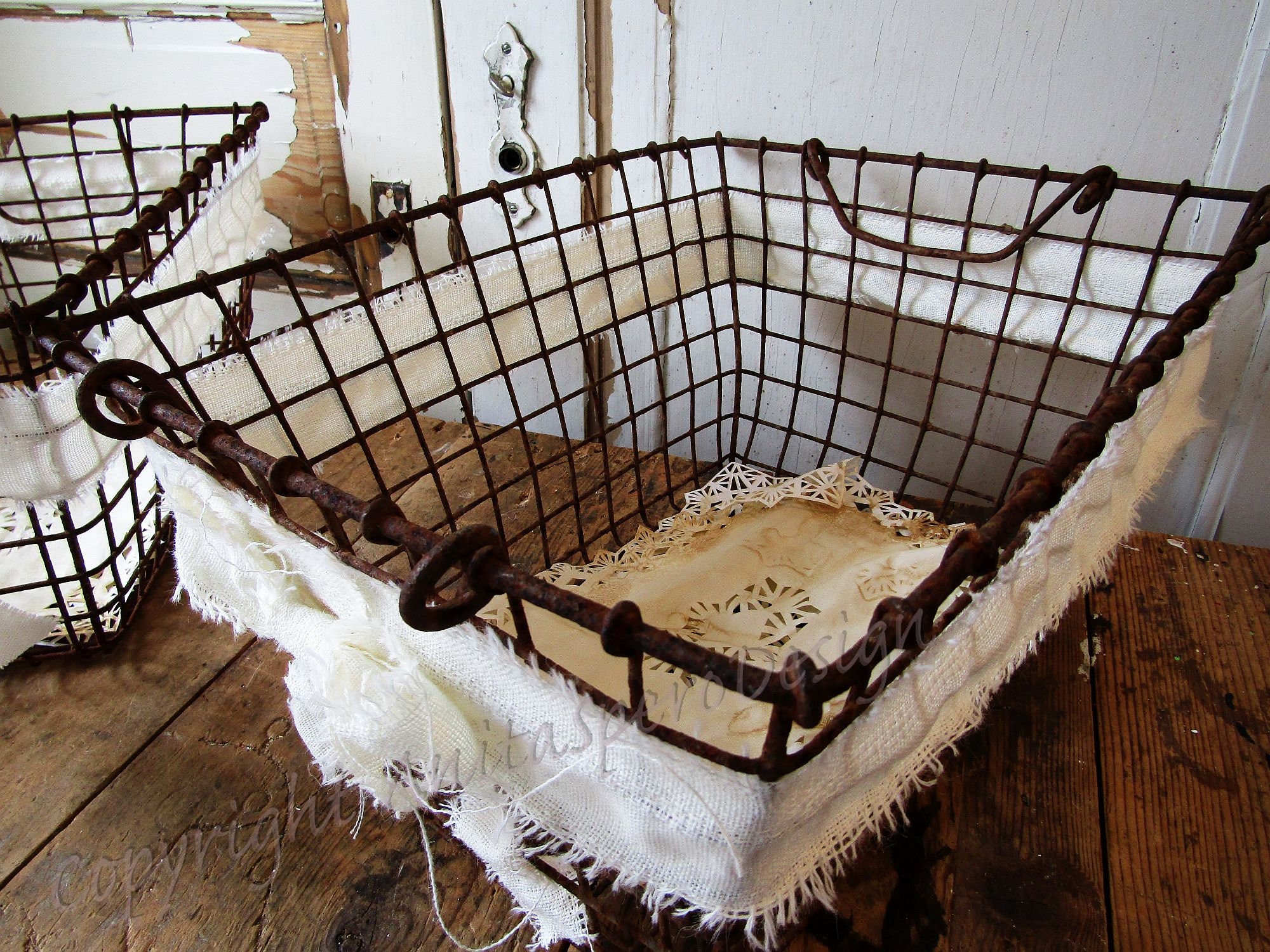 Large antique wire baskets set of 2 deep open storage baskets Etsy