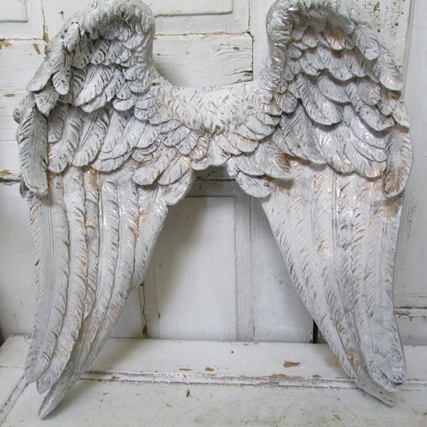 Large angel wings wall sculpture silvery pewter gold hand painted white ornate detailed feathered wall decor anita spero