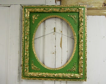 Ornate saturated antique green and gold painted wood and gesso wall frame, hand painted beautiful large frames anita spero design