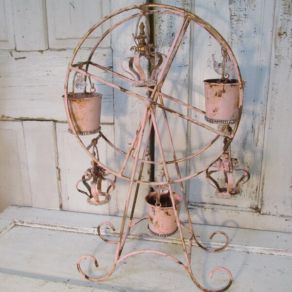 Cottage chic inspired Ferris wheel pink and gold vintage crowns metal merry go round candle holder or home decor anita spero