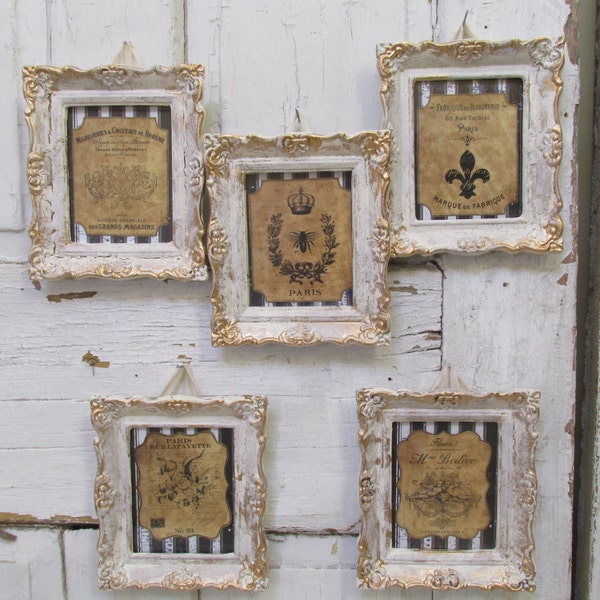 Framed wall art grouping burlap colored French labels gold and white frames shabby cottage 5 piece set anita spero design