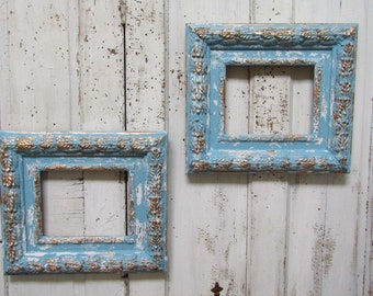 Blue and gold picture frames, distressed wood/ gesso French shabby chic matching frames wall decor aanita spero design