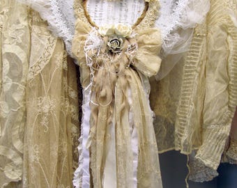 Heart Wall Decor, Tattered Lace, Romantic Ecru White Fabric Roses, one-of-a-kind Anita Spero Design