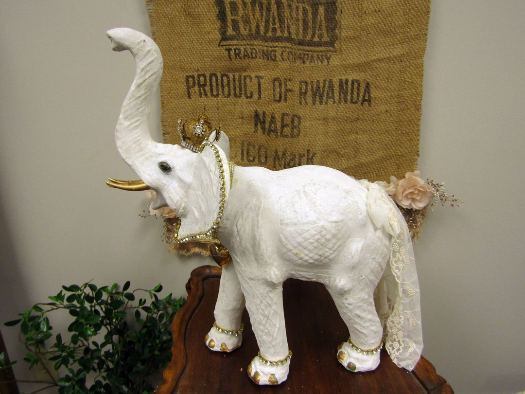 Large White Albino Elephant Statue With Crown, Rhinestone Jeweled ...