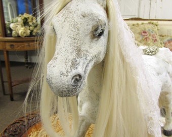 Beautiful white horse statue with long mane to design, one of a created horse large figure with crown and jeweled anita spero design