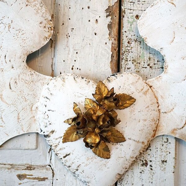Large white metal angel wings and heart wall decor French Santos winged heart w/ antique gold roses shabby cottage chic anita spero design